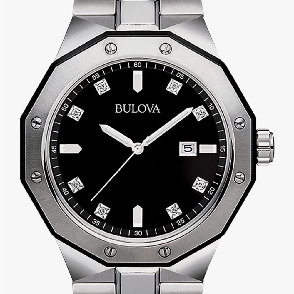 Bulova Men's Stainless Steel 3-Hand Date Quartz Watch with Diamonds